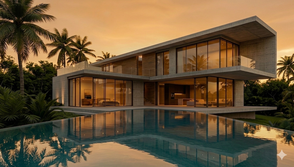 Modern Caribbean villa with floor-to-ceiling glass, palm trees, and an infinity pool at golden hour